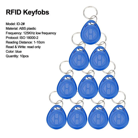 Ten blue RFID keyfobs arranged in a pyramid, made of ABS plastic for the Knockout Standalone Door Access Control Kit.