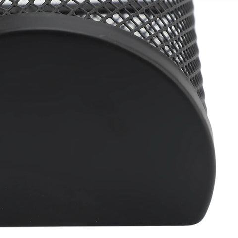 Heavy Duty Industrial Alloy Steel Mesh Pen Holder With Wall Mount Hook Dope Space Saving Desk Organizer Badass Cup Stand For Office School And Creative Pros Straight Up Premium Gear close-up of rounded bottom design in black, showcasing durability and stability.