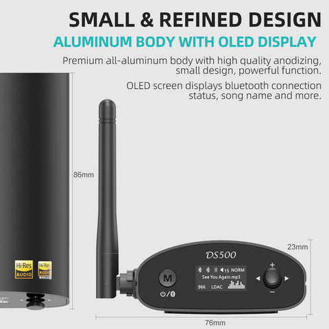 DS500 Hi-Res Bluetooth 5.3 Receiver With Audiophile 32-Bit 384kHz DAC, Lossless LDAC And AptX HD, OLED Display And Built-In EQ