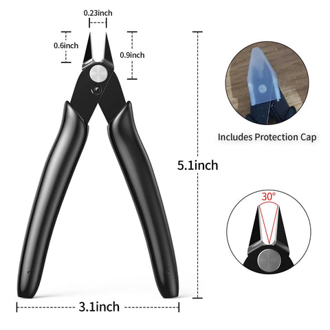 Front view of BOENFU small wire cutter pliers with black handles, 5.1-inch length, flush-cut, includes protective cap