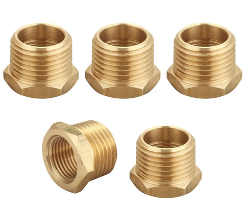 Brass Pipe Fitting Reducer Hex Bushing 3/4 NPT Male to 1/2 NPT Female, threaded adapter, 5 piece set, corrosion resistant