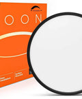 18.2 Inch LED Flush Mount Ceiling Light 36W Dimmable With 3 Color Temperatures 3000K 4000K 6500K Back Light Memory Function Easy Install White Round LED Ceiling Fixture For Living Room And Office next to box with orange design