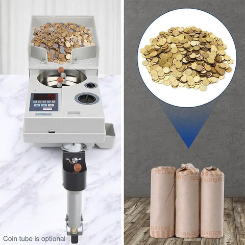 Crazy Fast Portable Coin Counter And Sorter, 1800 Coins Per Minute, showcasing full hopper and sorted coin rolls