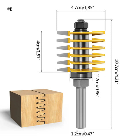 Adjustable 2 Tooth Finger Joint Router Bit For Woodworking Pros, 8mm To 16mm Shank Milling Cutter with dimensions, cutting wooden joints.
