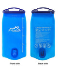 Front and back view of lightweight hiking water bladder with large opening, ergonomic handle, in blue color, durable PE EVA reservoir