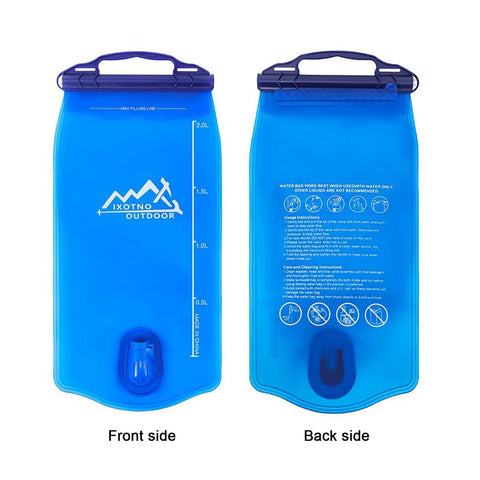 Front and back view of lightweight hiking water bladder with large opening, ergonomic handle, in blue color, durable PE EVA reservoir
