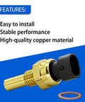 Engine coolant temperature sensor with brass body and black electrical connector; copper washer beside.