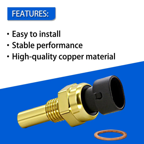 Engine coolant temperature sensor with brass body and black electrical connector; copper washer beside.