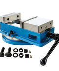 Hardcore Shop Beast 8 Inch Milling Vise With 7.9 Inch Jaw Width And 360 Degree Swivel Base Heavy Duty Cast Iron CNC Bench Clamp, blue base and jaw plates included.