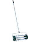 Rolling Lawn Aerator With 39 Iron Spikes And 58 Inch Handle, Heavy Duty Manual Aerator Tool For Garden And Yard shown upright