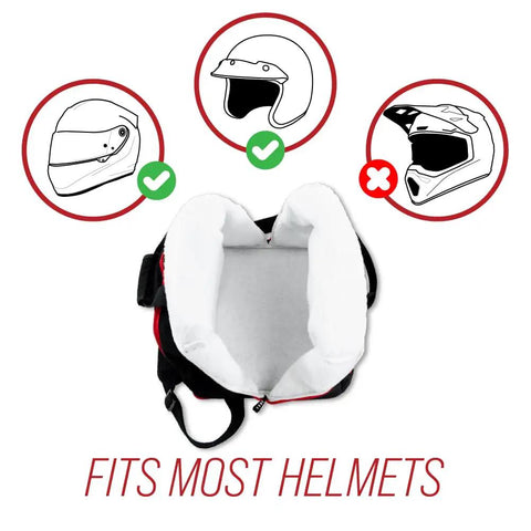 Fleece Lined Motorcycle And Racing Helmet Bag With Hidden Shoe Compartment Waterproof 600D Oxford Gear Carrier For Travel Storage Track Day And Auto Racing shown open with helmet compatibility diagram