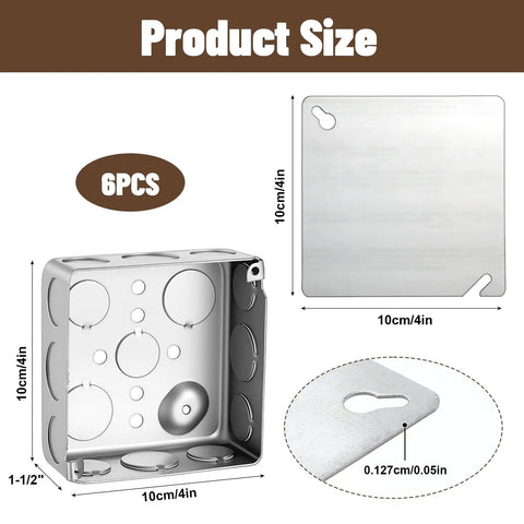 Top Shelf 6 Pack 4 Inch Square Electrical Junction Boxes With Covers Galvanized Steel Outlet Cans 1 2 Inch Deep 21 Cubic Capacity No Fuss Install heavy duty boxes with covers displayed.