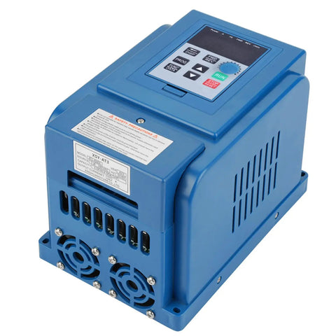 Rugged 4KW Variable Frequency Drive VFD Inverter For Three Phase 380V Systems, Beefy Torque Spindle Motor Speed Controller With Wide Range, Anti Trip, Dust Resistant, Industrial Grade blue enclosure