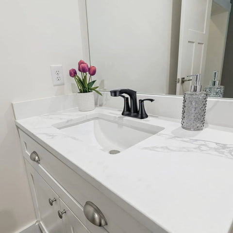 Pull-Down Lavatory Faucet For 3-Hole Vanity 4-Inch Centerset Matte Black Dual-Handle Design Easy Install Three Modes Stream Spray Pause With Splash-Reducing Bubble Or Powerful Rainfall Modern Dope Bath Upgrade