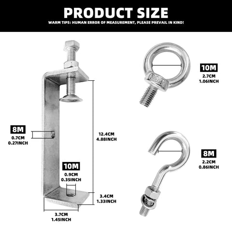 2 Pack 304 Stainless Steel C Clamps With 120mm Wide Jaw Opening Heavy Duty Clamps With Ring And J Hook dimensions and components