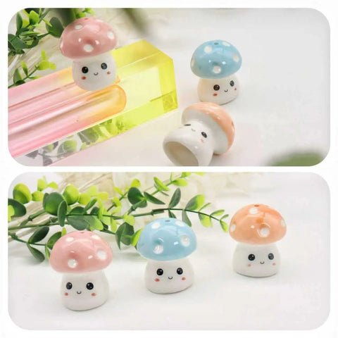 Super Dope Ceramic Toilet Bolt Covers That Straight Up Fix Your Bathroom Vibe With Charming Pink Mushroom Flange Caps and blue detail.