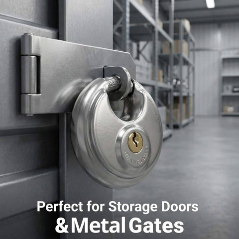 Heavy Duty Disc Padlocks Two Pack Keyed Differently For Storage Units With Three Eighths Inch Shackle Stainless Steel Rust Resistant