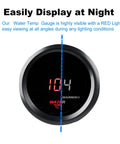 Front view of a 2-inch automotive water temperature gauge with black dial, red digital readout, metal bezel