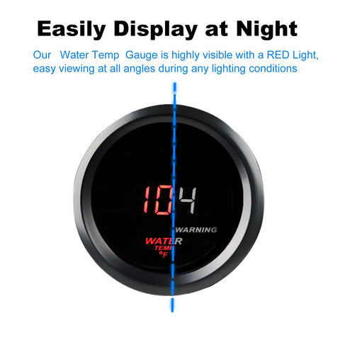 Front view of a 2-inch automotive water temperature gauge with black dial, red digital readout, metal bezel
