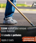 Person applying Driveway Restoration Sealant Ultra Flexible Asphalt Coating That Fills Cracks And Revives Weathered Driveways.