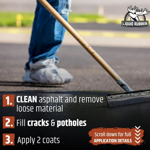 Person applying Driveway Restoration Sealant Ultra Flexible Asphalt Coating That Fills Cracks And Revives Weathered Driveways.