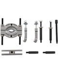 Hardcore 9 Piece Bearing Separator And Puller Tool Set Removes Small Gears And Pinions Effortlessly Fits Sizes From 0.59 To 2.28 Inches With Steel Jaws Plus Thrust Screws compact steel bearing separator kit on white background