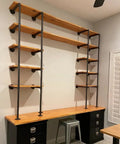 Industrial Retro Iron Pipe Shelf Kit Two Piece Open Bookshelf System That You Can Hang From Ceiling Or Stand On Floor, wood shelves displayed