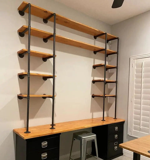 Industrial Retro Iron Pipe Shelf Kit Two Piece Open Bookshelf System That You Can Hang From Ceiling Or Stand On Floor, wood shelves displayed