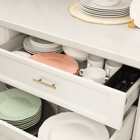 Open drawer with Champagne Bronze Stainless Steel Cabinet Handle, showing plates and cups