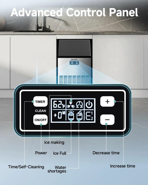 Control panel of Heavy Duty Commercial Ice Maker Machine Delivers 100 Lbs Per Day, advanced features displayed.