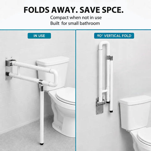 Dang Sturdy Flip Up Toilet Safety Handle With Floor Base Stand For Seniors And Rough Days shows compact folding design in bathroom.