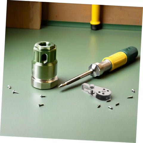 Close-up of a screwdriver, a metal adapter, and screws on a green surface with a yellow tool in the background.