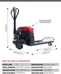 Heavy Duty Electric Pallet Jack 6600 Lb Capacity Warehouse Material Handler Solid Steel Workhorse Low Center Of Gravity Build shown with dimensions.