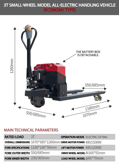 Heavy Duty Electric Pallet Jack 6600 Lb Capacity Warehouse Material Handler Solid Steel Workhorse Low Center Of Gravity Build shown with dimensions.