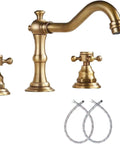 Super Stylish Two Handle Widespread Bathroom Sink Faucet In Warm Antique Brass Finish Including Matching Metal Pop Up Drain With Overflow For Your Vanity Basin Perfect Solid Brass Build Adjustable 8 To 16 Inch Centers.