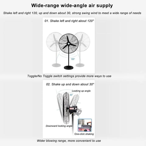Wide-range air supply for Top Shelf 68 Cm Heavy Duty Industrial Electric Floor And Wall Mount Cooling Fan with shaking features.