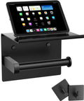 Mega Size Toilet Paper Holder With Built In Phone Shelf And Towel Hooks, Adhesive Or Screw Mount, Stainless Steel Matte Black Bathroom Hardware Set, No Rust, Modern, Durable featuring phone shelf with tablet