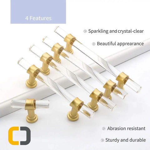 Ten Pack 3 Inch Acrylic Drawer Pulls Gold Cabinet Handles displayed at an angle with clear crystal finish and gold accents