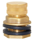 Close-up of Brass Garden Hose Bulkhead Fitting Kit With Plugs Half Inch Female To Three Quarter GHT Male Water Tank Connector