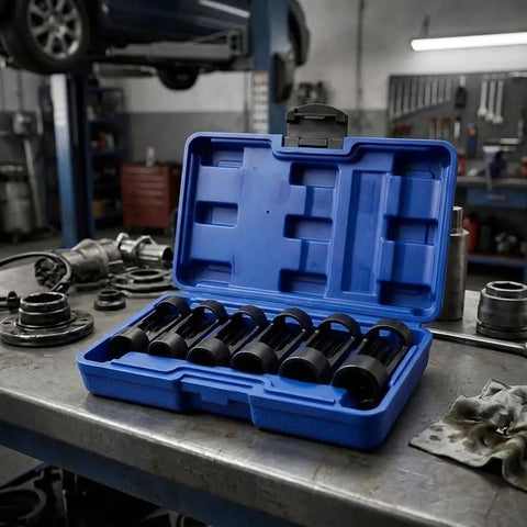 Premium Heavy Duty 12 Point Deep Groove Socket Wrench Set 6 Piece Black Alloy Steel Tool Kit in blue case on garage table.