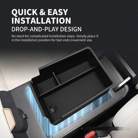 Custom Cut Center Console Organizer For Tesla Cybertruck 2024 And 2025 Armrest Box Storage Tray with drop-and-play design.