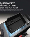 Dude Approved Center Console Organizer For Tesla Cybertruck 2024 To 2026 showing drop-and-play design in black ABS material.