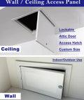 Top Tier Lockable Metal Access Door 36x38 Inches Hinged Wall And Ceiling Panel With F Mount Exterior Inspection Hatch and Hella Secure Latch For Mechanical Jobs in ceiling and wall views.