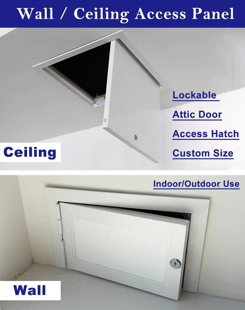 Top Tier Lockable Metal Access Door 36x38 Inches Hinged Wall And Ceiling Panel With F Mount Exterior Inspection Hatch and Hella Secure Latch For Mechanical Jobs in ceiling and wall views.