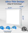 Illustration showing dimensions and features of Set Of Four 2x2 LED Flat Panel Lights For Office Ceiling, 45W 5800 LM Drop Ceiling Troffer, 5000K Cool White, Dimmable 0 To 10V, Recessed Edge Lit 2x2ft LED Troffer Fixtures, ETL Listed, Ultra Thin And Energy Saving. Diagram displays 23.75x23.75 inches, 0.39 inch thickness, edge-lit technology, and drop-in/recessed installation.