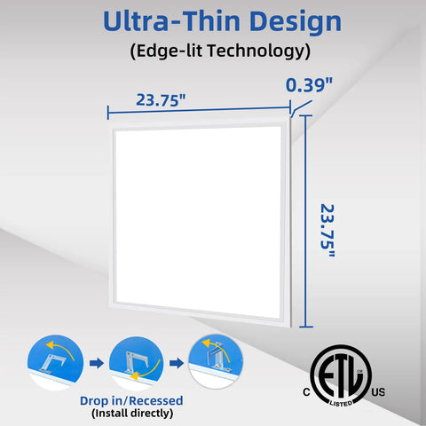 Illustration showing dimensions and features of Set Of Four 2x2 LED Flat Panel Lights For Office Ceiling, 45W 5800 LM Drop Ceiling Troffer, 5000K Cool White, Dimmable 0 To 10V, Recessed Edge Lit 2x2ft LED Troffer Fixtures, ETL Listed, Ultra Thin And Energy Saving. Diagram displays 23.75x23.75 inches, 0.39 inch thickness, edge-lit technology, and drop-in/recessed installation.
