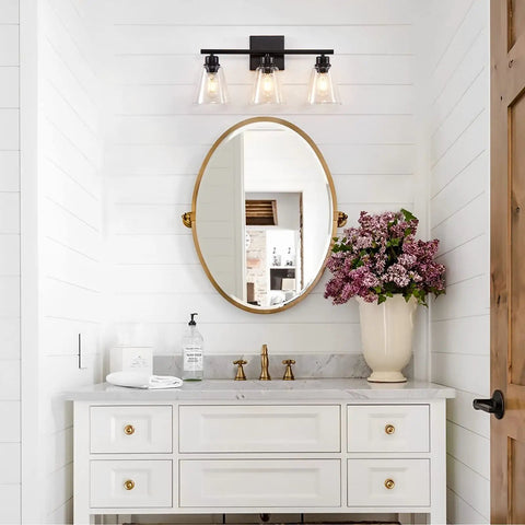 Three Light Black Vanity Lights Over Mirror, On Trend Modern Farmhouse Industrial Bathroom Fixtures With Metal Base And Clear Glass Shades