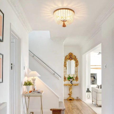 Boho Wood Beaded Flush Mount Ceiling Light Three Light Mini Round Chandelier White For Bedroom Kitchen Island Entryway Rustic Antique Farmhouse Vibe Style