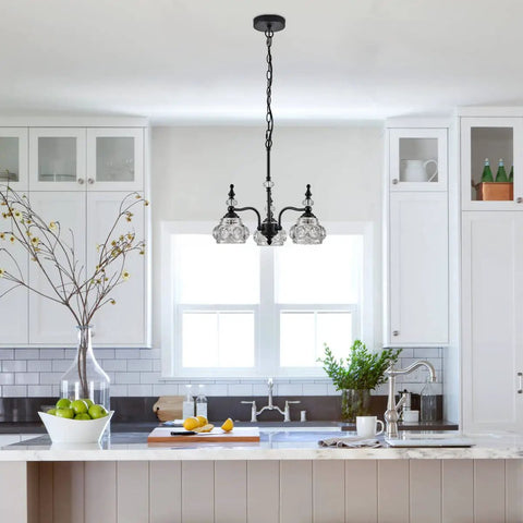 Modern Black Three Light Pendant Chandelier For Kitchen Island Farmhouse Living Room Bedroom And Hotel Decor Sleek Industrial Iron And Glass Design With Easy Install over a kitchen island