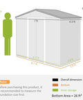 Diagram of 7x4 Outdoor Metal Storage Shed dimensions, showing height, width, and foundation area for backyard use.